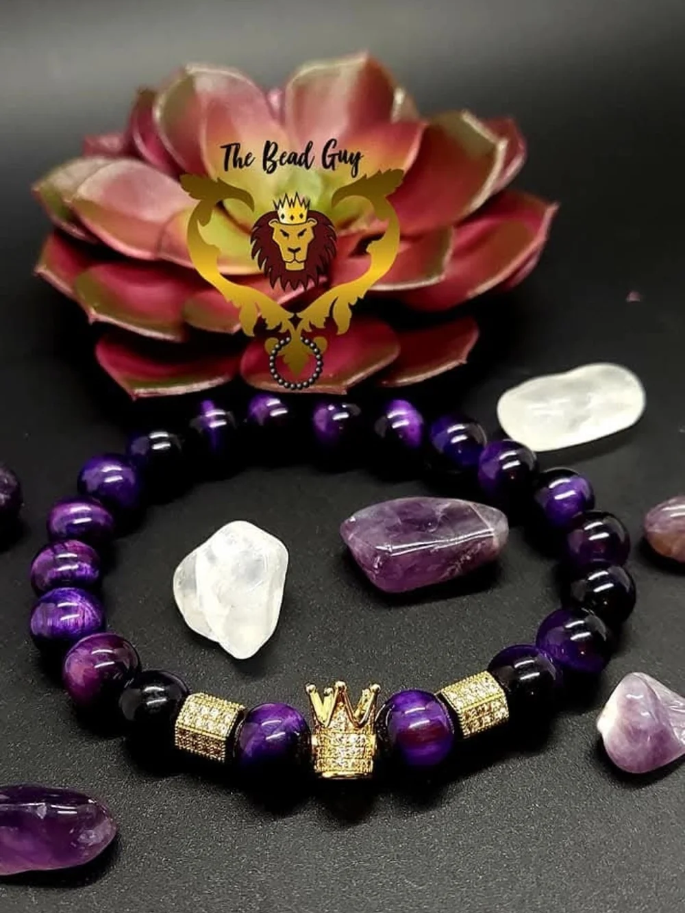 Tiger Eye Bead Bracelet with Gold Crown Accent - Brown